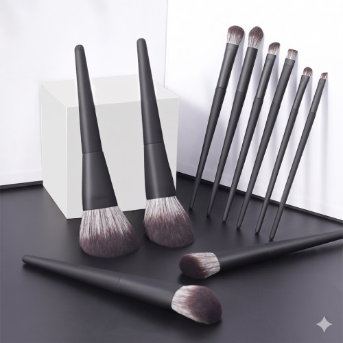 11Pcs High-End Black Makeup Brush Set Private Label Soft Bionic Fiber Bristles Thickened Aluminum Ferrule Cosmetic Brushes Wholesale