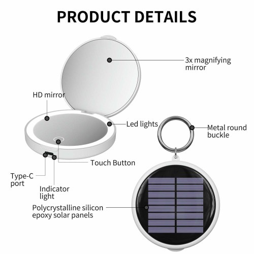 New Double-sided Rechargeable Dual Power Supply Round LED Makeup Mirror Portable And Convenient For Travel With Solar Power Function And Pocket Size.