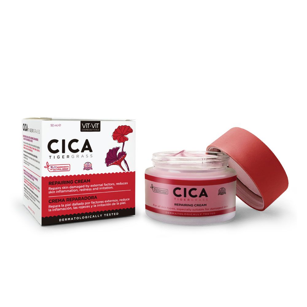 Repairing Cream Cica Tigergrass 50ML. Suitable For Damaged Skin, Help Repair Skin Damaged By External Factors, Reduce Inflamation,Redness And Irritation. Vegan Cream With +96% Of Ingredients Of Natural Origin. Contains Cica, Hyaluronic Acid, And Niacinamide