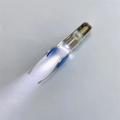 Custom Makeup Pearl Bright Nickel Plating Beauty Eyebrow Tweezers with LED Light and Non-Slip PVC Film