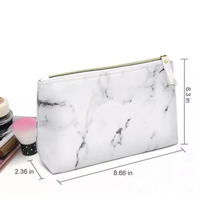 Women Travel Makeup Case Organizer Pouch, PU Leather Waterproof Marble Cosmetic Bag and Women Handbag