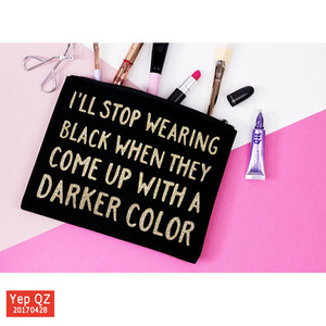 Eco-friendly cotton canvas black color simple design cosmetic makeup and brush gift bags purse with gold foil stamp logo
