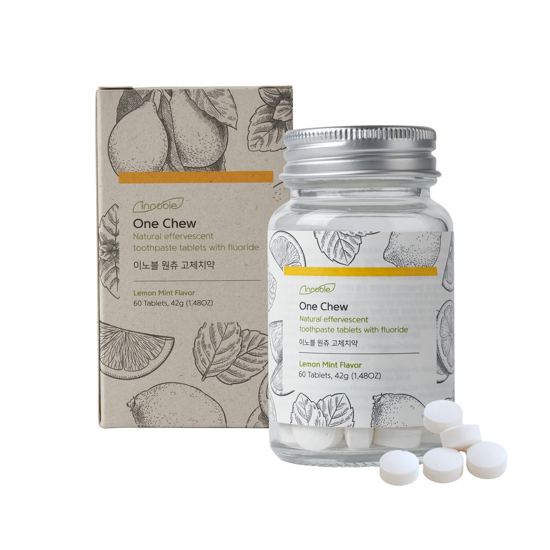 Innoble One Chew Toothpaste Tablets with Fluoride - Natural Effervescent Lemon Mint Flavor 
