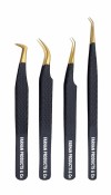 Set of 4 Diamond Grip Eyelash Extensions Tweezers Japanese Stainless Steel Lash Tweezer (Black)