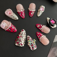 pink leopard print popping glue AB diamond sticker press on nails SUXR