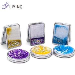 Free sample glitter liquid custom logo round gold portable small cute compact pocket mirror