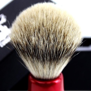 Mens Sliver tip Badger looking hair Shaving Brush With Shiny Red Base & Holder