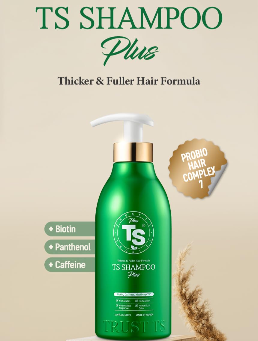 TS Shampoo Plus 500ml (16.9 oz) for fine hair with biotin, panthenol, and caffeine, with a refreshin
