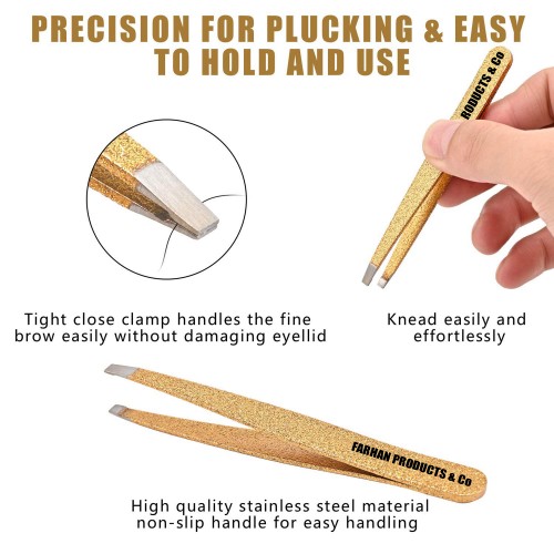 3PCS Professional Stainless Steel Slant Tip and Point Eyebrows Ingrown Hair Facial Hair Blackhead and Lash Extension (Gold)
