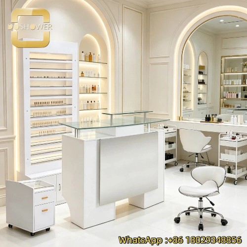 Minimalist Wood Style Double Vacuum Manicure Desk Separate Storage Drawers For Local Skin and Nail Beauty Shop