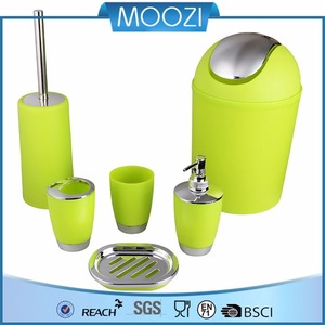 6 Piece Plastic Bath Accessory Bathroom Set, MOOZI Lotion Dispenser,Toothbrush Holder,Tumbler Cup,Soap Dish, Trash Can,Toilet Br