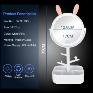 Multifunctional led round wireless charger desktop rabbit-shaped cute makeup mirror with 3 Brightness LED Light