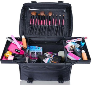 Soft Makeup Artist Rolling Trolley Cosmetic Case with Free Set of Mesh Bags, Jet Black