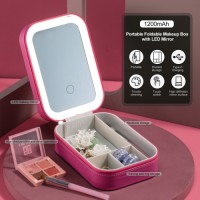 Hot Pink Travel Cosmetic Organizer Storage Box LED Lighted Mirror Custom Logo Travel Jewelry Organizer Case Portable Makeup Bag