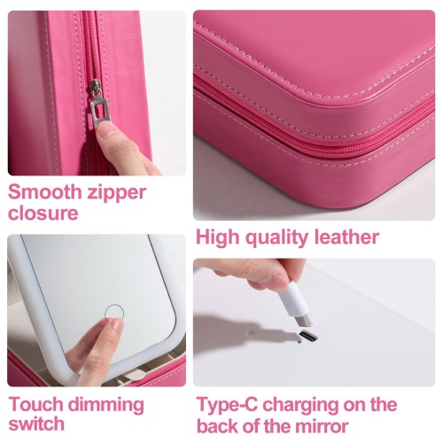 Hot Pink Travel Cosmetic Organizer Storage Box LED Lighted Mirror Custom Logo Travel Jewelry Organizer Case Portable Makeup Bag