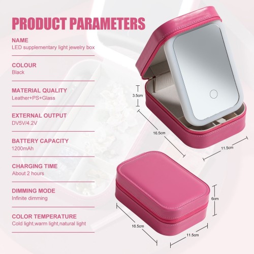 Hot Pink Travel Cosmetic Organizer Storage Box LED Lighted Mirror Custom Logo Travel Jewelry Organizer Case Portable Makeup Bag