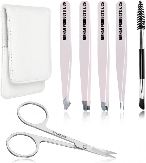 Eyebrow Tweezers Set Light Pink Pack of 6 for Ingrown Facial Hair Removal Scissors Slant Pointed Tweezer Kit for Women's & Men's