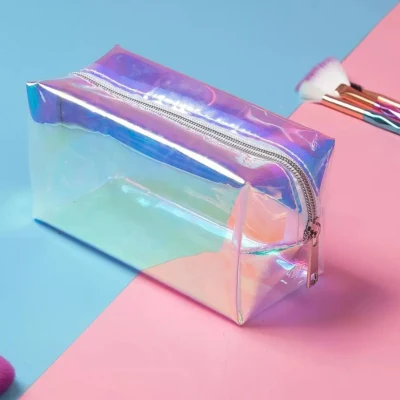 Holographic Clear Zipper PVC Fashion Travel Colorful Transparent Organizer Makeup Cosmetic Bag and Women Handbag