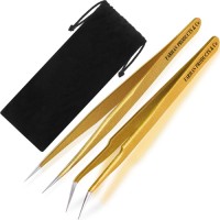 2 Pieces Straight and Curved Tip Tweezers Eyelash Extension Tweezers Stainless Steel False Lash Application Tools (Gold)