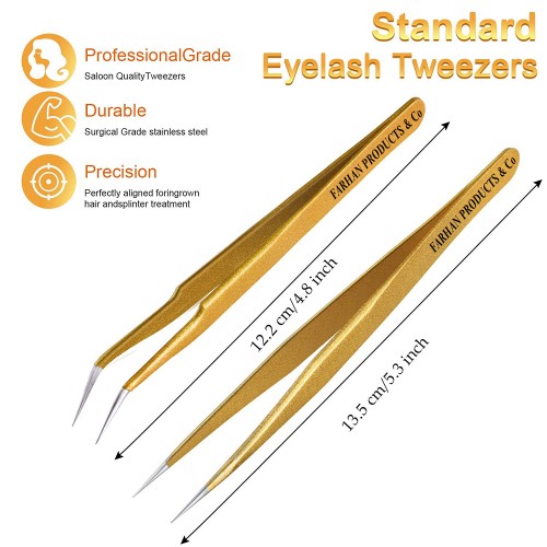 2 Pieces Straight and Curved Tip Tweezers Eyelash Extension Tweezers Stainless Steel False Lash Application Tools (Gold)