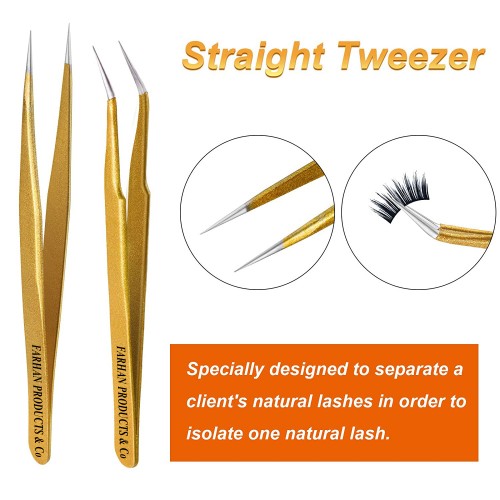 2 Pieces Straight and Curved Tip Tweezers Eyelash Extension Tweezers Stainless Steel False Lash Application Tools (Gold)