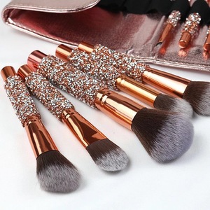Newly hot sale 10pcs brush kit crystal handle makeup brushes with pu pouch