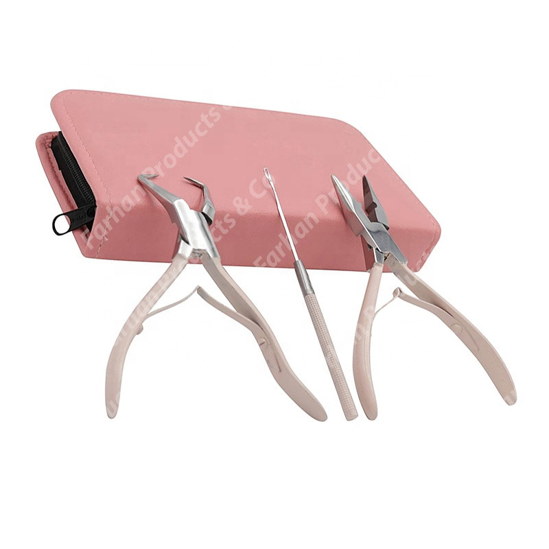 Professional Hair Extension & Beading Tool Kit Plier Set for beads (3 Piece) Micro Ring (Tea Pink)