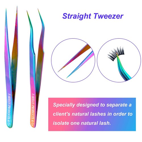 2 Pieces Straight and Curved Tip Tweezers Eyelash Extension Tweezers Stainless Steel False Lash Application Tools (Iridescence)