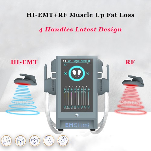 Portable 4 handles RF +HIEMT EMSlim Muscle Stimulation Belly Vest line rebuliding Body slimming