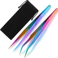 2 Pieces Straight and Curved Tip Tweezers Eyelash Extension Tweezers Stainless Steel False Lash Application Tools (Iridescence)