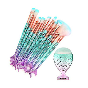 10pcs Face Eyeliner Eyebrow Blushes Lip Blending Mermaid Makeup EyeShadow Brush Set