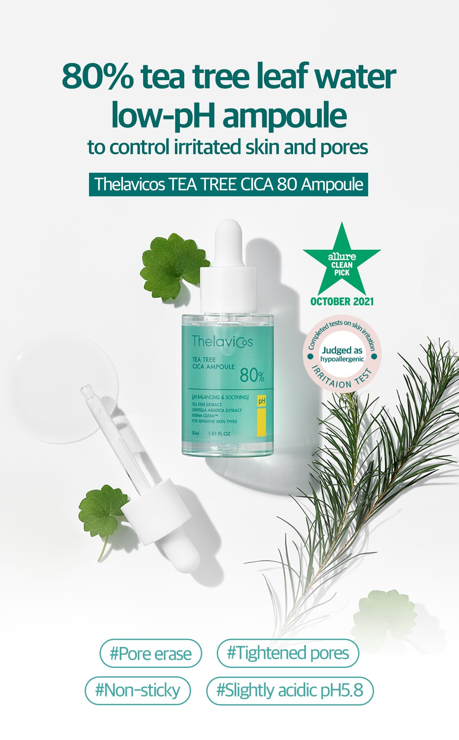 VEGAN Skin Care Slightly Acidic Tea Tree &amp; Cica-80 Pore Tightening Ampoule 30ml