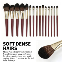 Professional Red Synthetic Hair 11-Piece Wood Handle Face & Eye Washable Foundation Makeup Brush Set Private Label