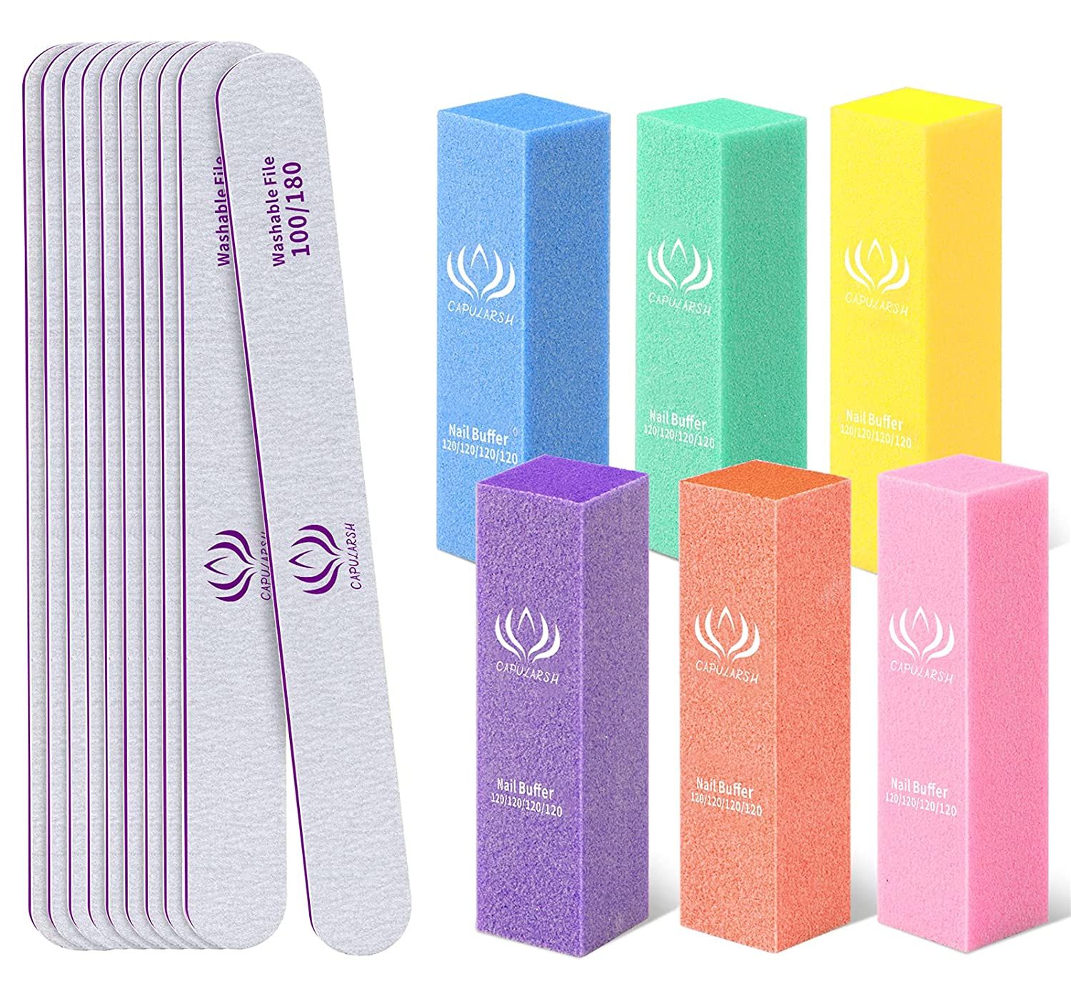 16Pack Nail Files and Buffers, Capularsh Professional 10PCS 100/180 Grit Double Sided Emery Board Nail Files for Acrylic and Nature Nails 6PCS Four Sided 120 Grit Nail Buffer Block Manicure Tools Kit