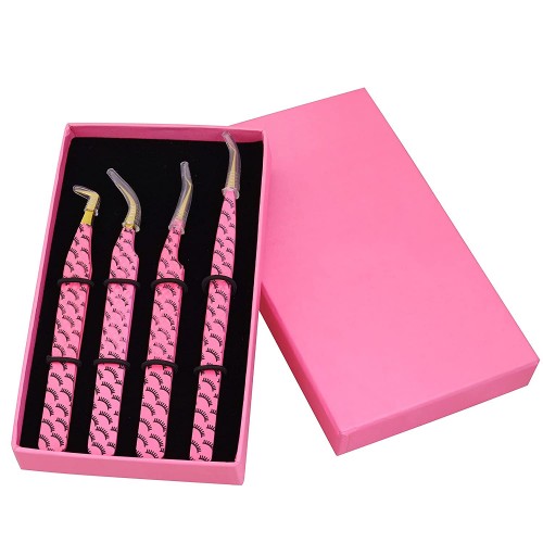 Set of 4 Diamond Grip Eyelash Extensions Tweezers Japanese Stainless Steel Lash Tweezer (Pink) BY FARHAN PRODUCTS & Co