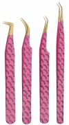 Set of 4 Diamond Grip Eyelash Extensions Tweezers Japanese Stainless Steel Lash Tweezer (Pink) BY FARHAN PRODUCTS & Co