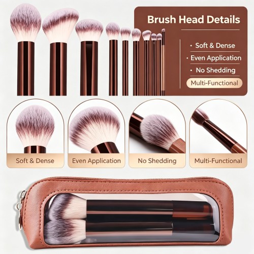 Professional 13-Piece Makeup Brush Set Coffee Brown Soft Vegan Bristles Multi-Functional Face Eye Brushes Custom Logo OEM