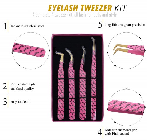 Set of 4 Diamond Grip Eyelash Extensions Tweezers Japanese Stainless Steel Lash Tweezer (Pink) BY FARHAN PRODUCTS & Co