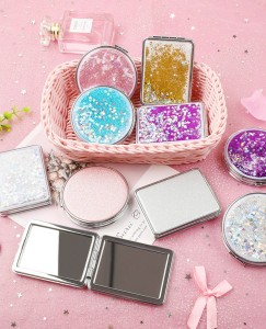 Mini Double-sided Makeup Round Mirror Cute Girl Glitter Folding Pocket Mirror