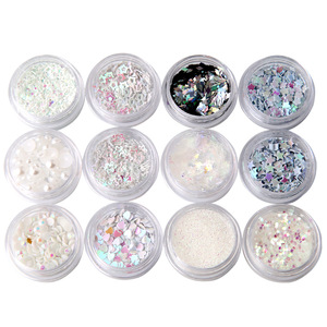 New Arrived Nail Art 12 Styles for a Set Star Heart Flower Pearl Shapes White Color Glitter Sequin for Wholesale
