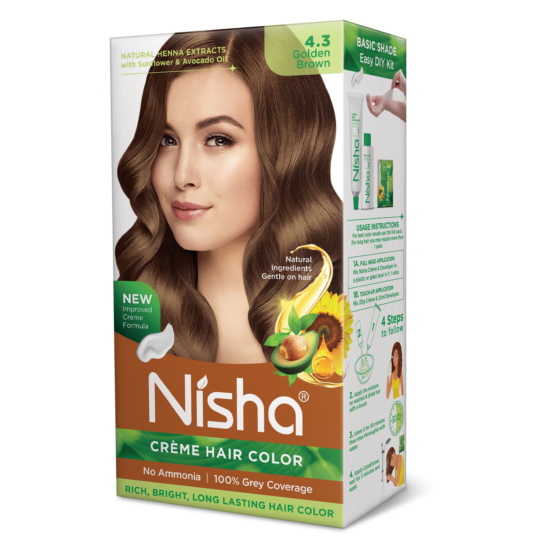 Nisha Creme Hair Color for Women - Golden Brown, 60g+60ml, Long-lasting, 100% Grey Coverage Permanent Hair Colour for Soft, Shiny, Healthy Hair