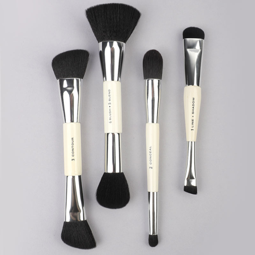 Private Label 4 Piece Dual Ended Professional Makeup Brushes Set Multi-Use Travel Cosmetic Tools Kit with Printed Functional Labels