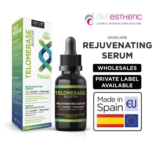 Rejuvenating Serum Telomerase Booster 30ML: Smooths Out Wrinkles, Restructures, and Redensifies the Dermis. With Hyaluronic Acid and Niacinamide. Vegan Serum for Mature Skin, Boosts signs of youth - Vegan Skincare Wholesales and Whitel Label