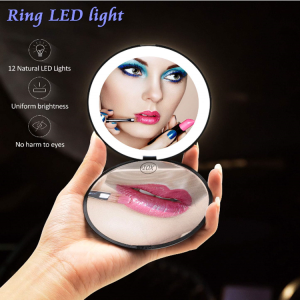 LED Lighted Compact Round Travel Mirror, Lighted Makeup Mirror 10x, Hand Held Folding Magnifying Mirror with Lights