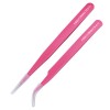 2 Pieces Straight and Curved Tip Tweezers Eyelash Extension Tweezers Stainless Steel False Lash Application Tools (Pink)