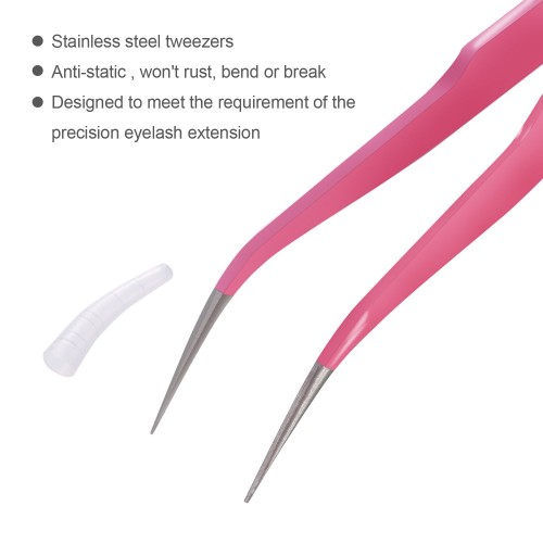 2 Pieces Straight and Curved Tip Tweezers Eyelash Extension Tweezers Stainless Steel False Lash Application Tools (Pink)