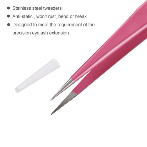 2 Pieces Straight and Curved Tip Tweezers Eyelash Extension Tweezers Stainless Steel False Lash Application Tools (Pink)