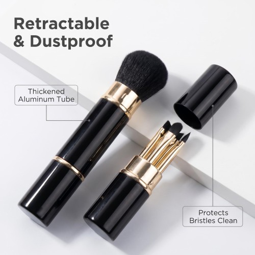 5-IN-1 Portable Mini Retractable Kabuki Makeup Brushes Custom Logo Black Travel Powder Eye Shadow Eyeliner Makeup Brushes Kit