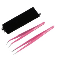 2 Pieces Straight and Curved Tip Tweezers Eyelash Extension Tweezers Stainless Steel False Lash Application Tools (Pink)