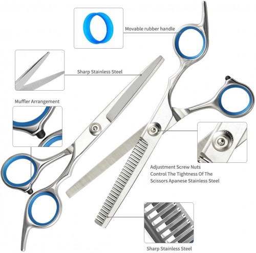 Hair Cutting Scissors Kit 9 PCS Stainless Steel Haircut Shears Set with Trimming Scissors-Thinning Scissor-Comb-Hair Clip (Blue)